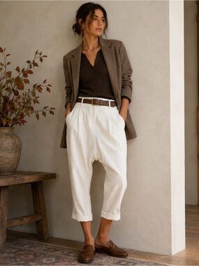 BCBGMAXAZRIA Runway Ivory Linen Drop Crotch Pants Size 6